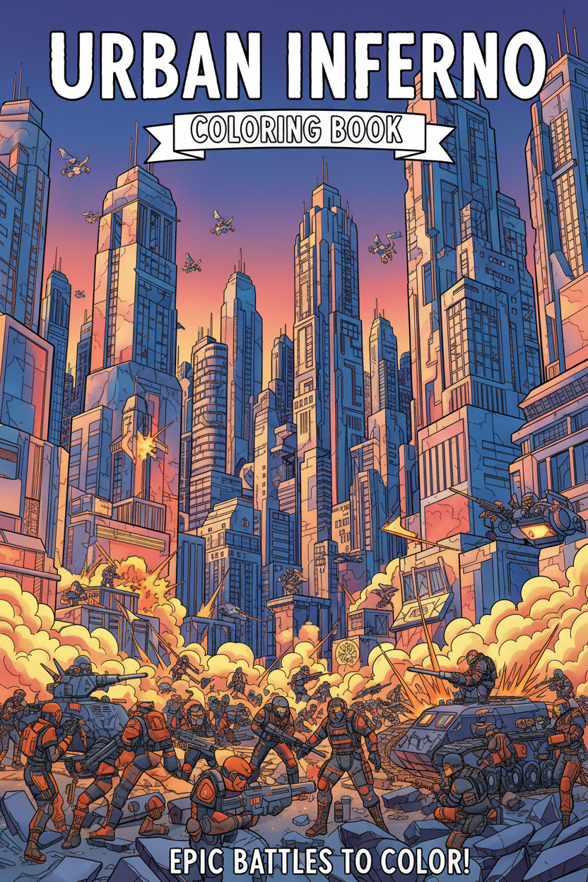 Dramatic urban combat coloring book cover with warriors fighting in a big city